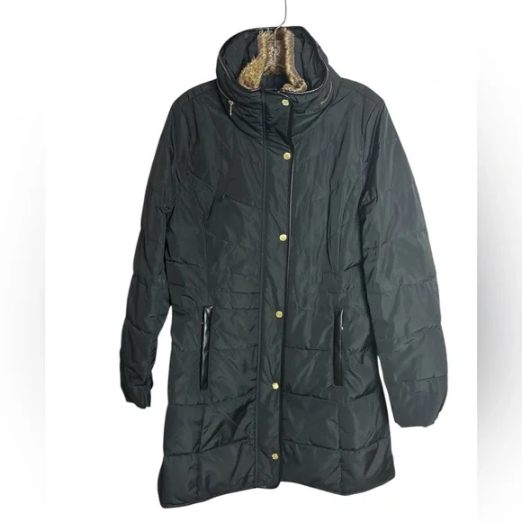 Cole Haan Puffer Coat Down Filled Faux Fur Collar Hidden Hood Blk Sz M Like New - Picture 6 of 15